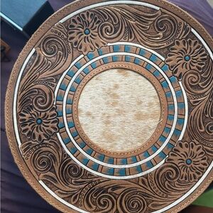 Round Floral Embossed Leather Tray
